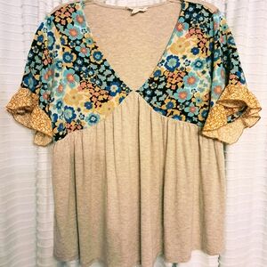 Boho Floral V-Neck Knit Top in Beige and Multicolor